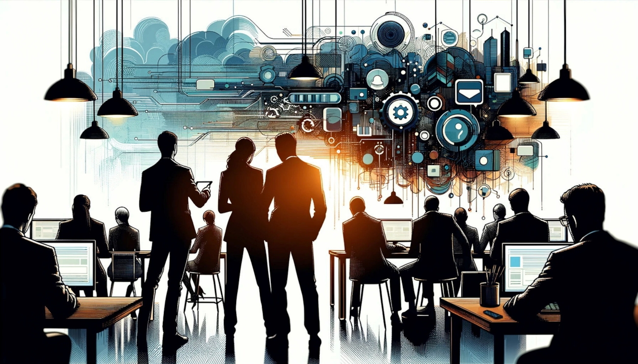 AI-generert bilde som skal illustrere fremtidens arbeidsplass. Det er et bilde av en rekke siluetter som jobber i retning en sky full av teknologisymboler.