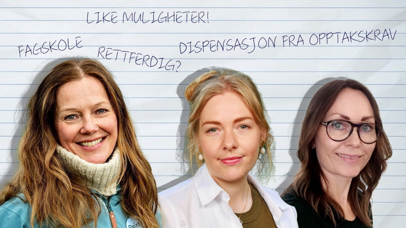 Tre damer smiler til kamera med en grafisk "papirbakgrunn".