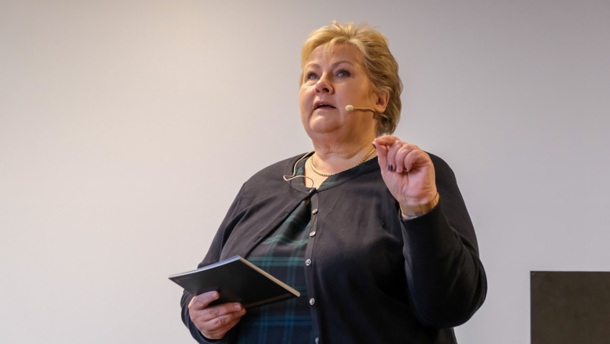 Erna Solberg snakker på en scene med en mygg som mikrofon.