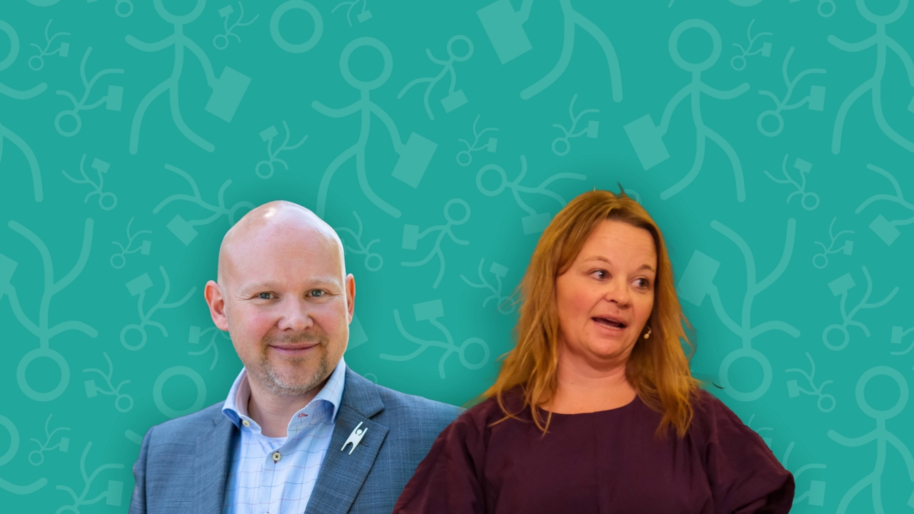 Mann og dame med grafisk bakgrunn