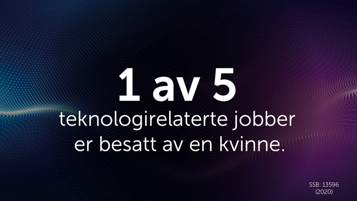 Tekst: "1 av 5 teknologirelaterte jobber er besatt av en kvinne." på grafisk bakgrunn.