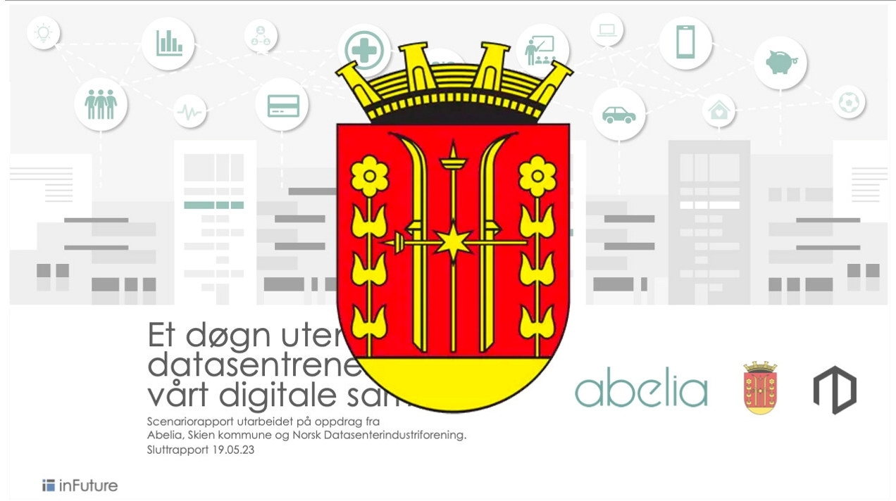 Skien kommune sitt kommunevåpen med en rapport i bakgrunnen.