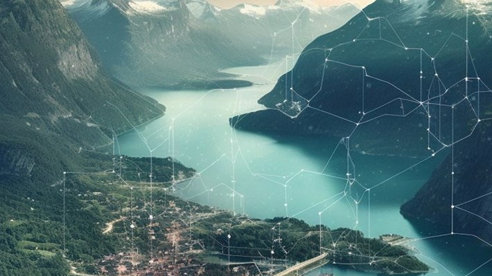 Bilde av insjø med fjell og teknologidetaljer i bildet, generert av AI